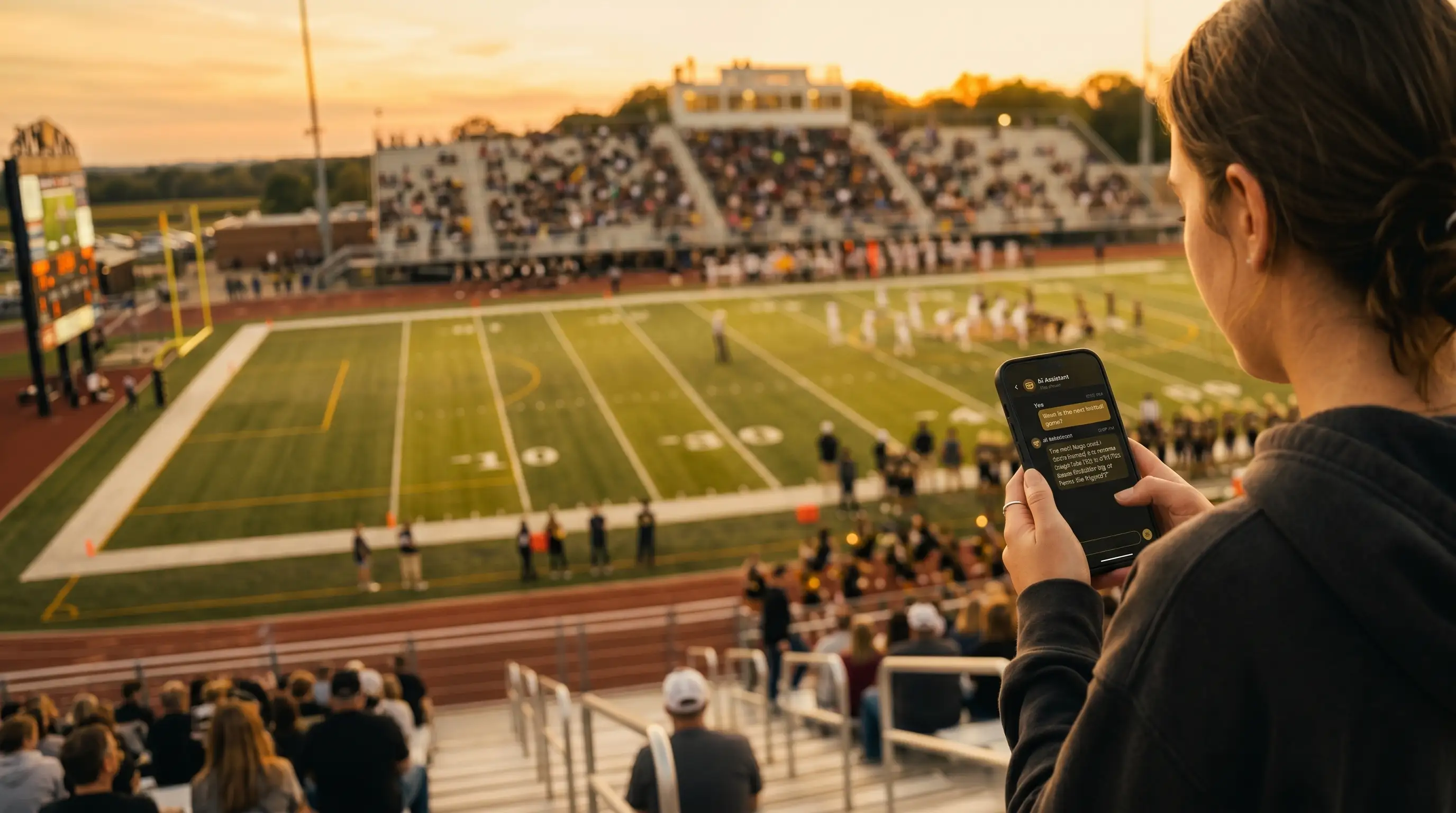 A fan in the stadium bleachers checking the next game on the VP Chat assistant
